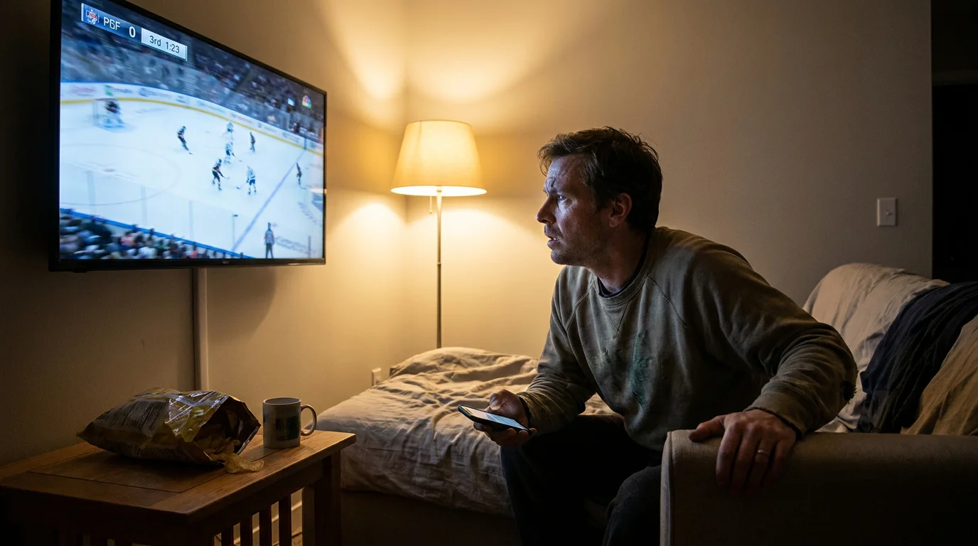 Hockey fan watching the late minutes of an NHL match where his anytime scorer pick is scoreless