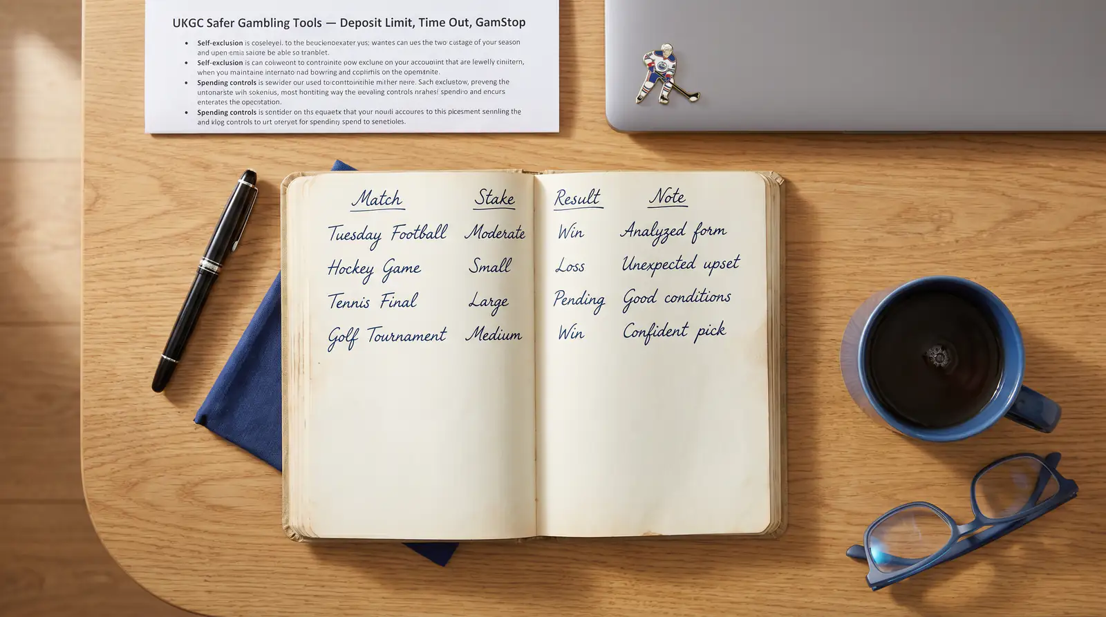 A betting log notebook with handwritten unit-staking entries beside a laptop showing a UK responsible-gambling resource