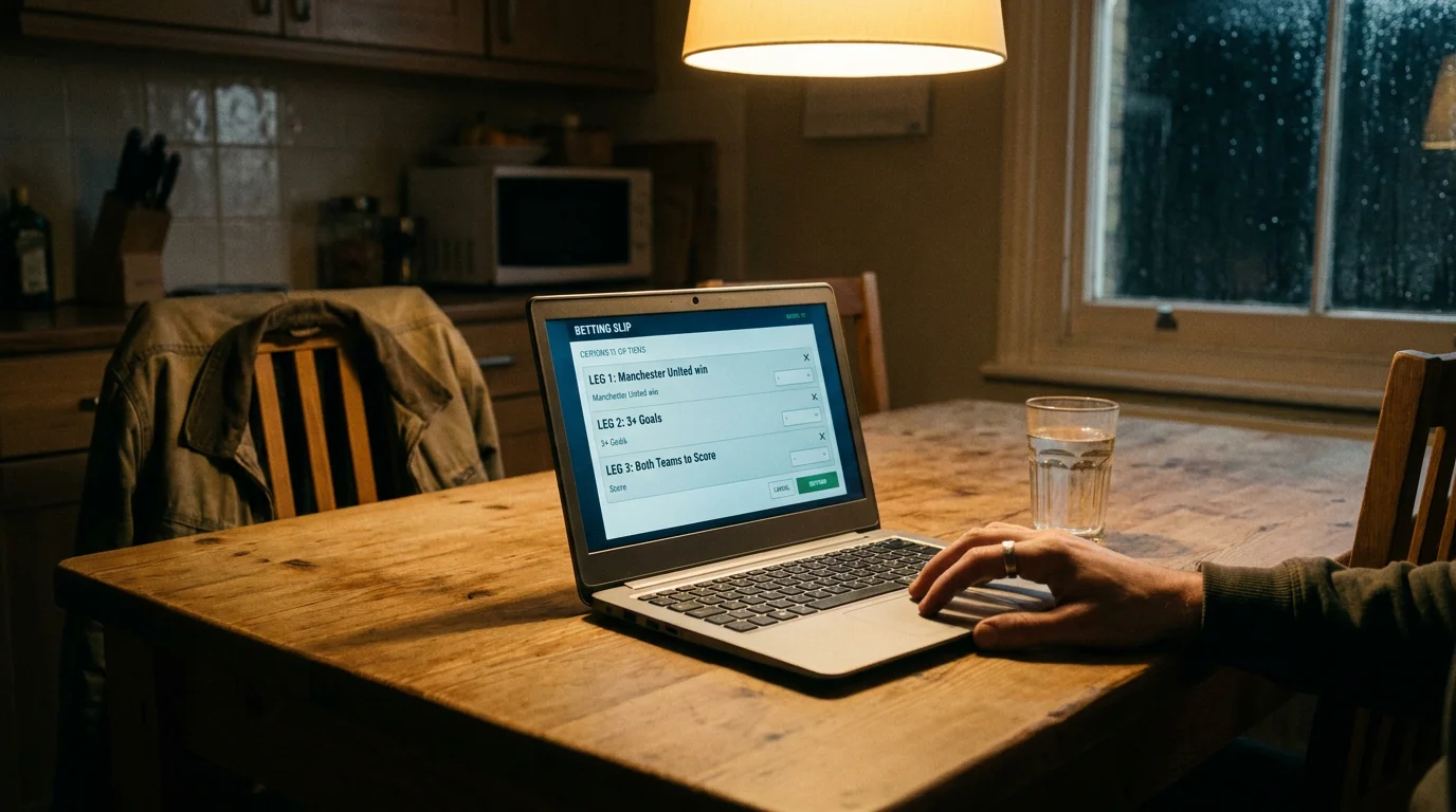 Punter reviewing bet builder leg combinations on a laptop during a quiet evening