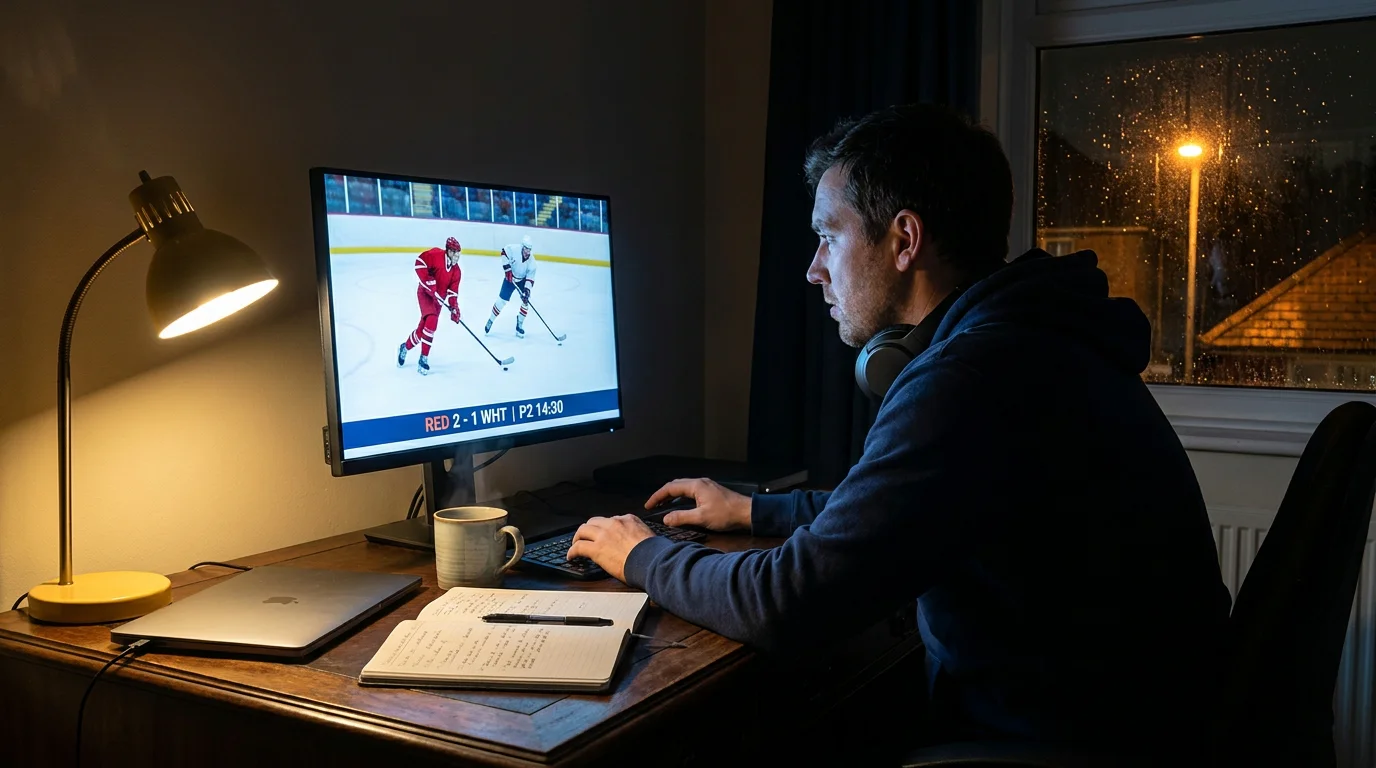 British ice hockey punter watching an overnight NHL slate from a UK living-room setup with notes