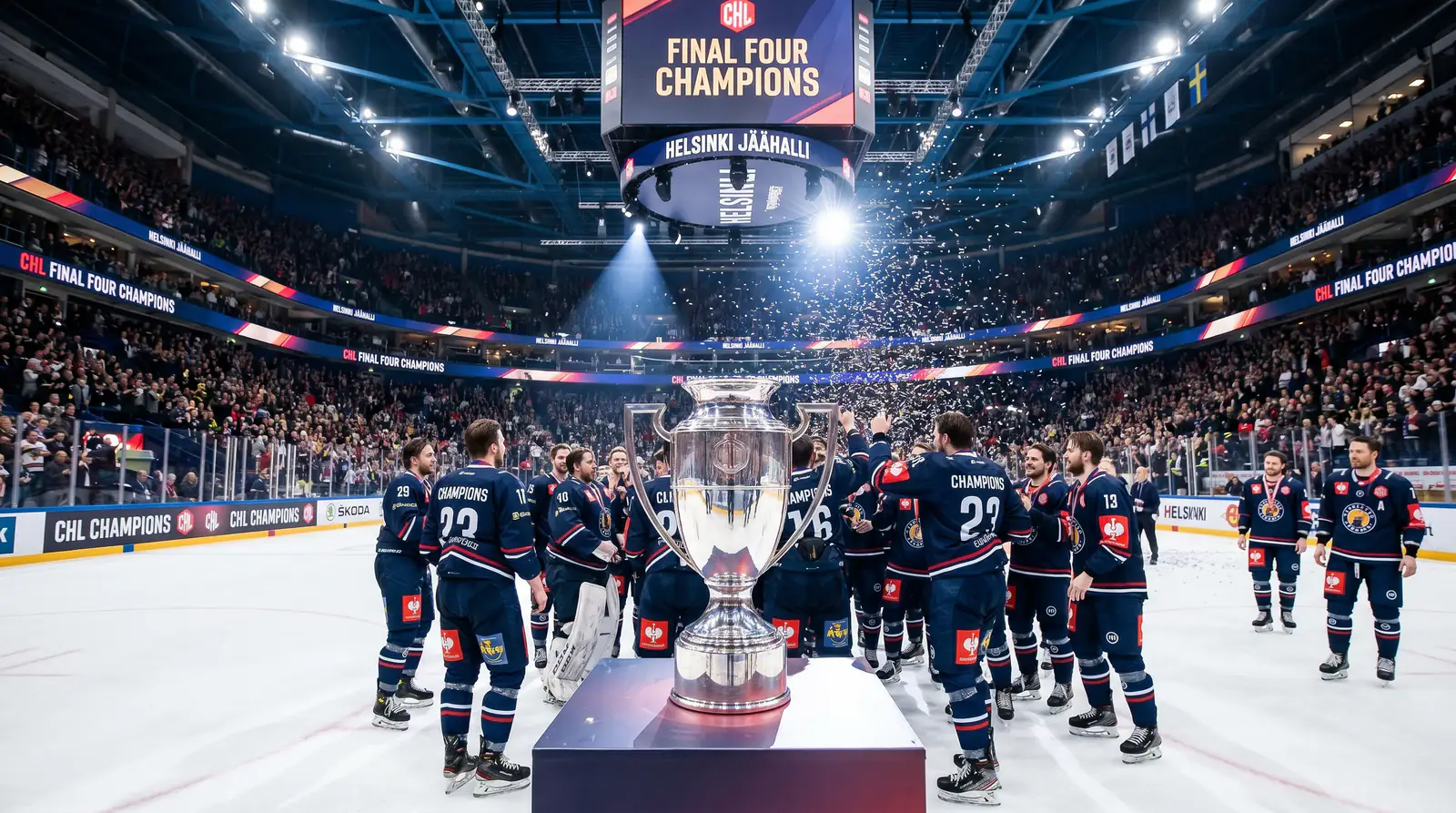 Champions Hockey League Final Four trophy presentation in a European arena