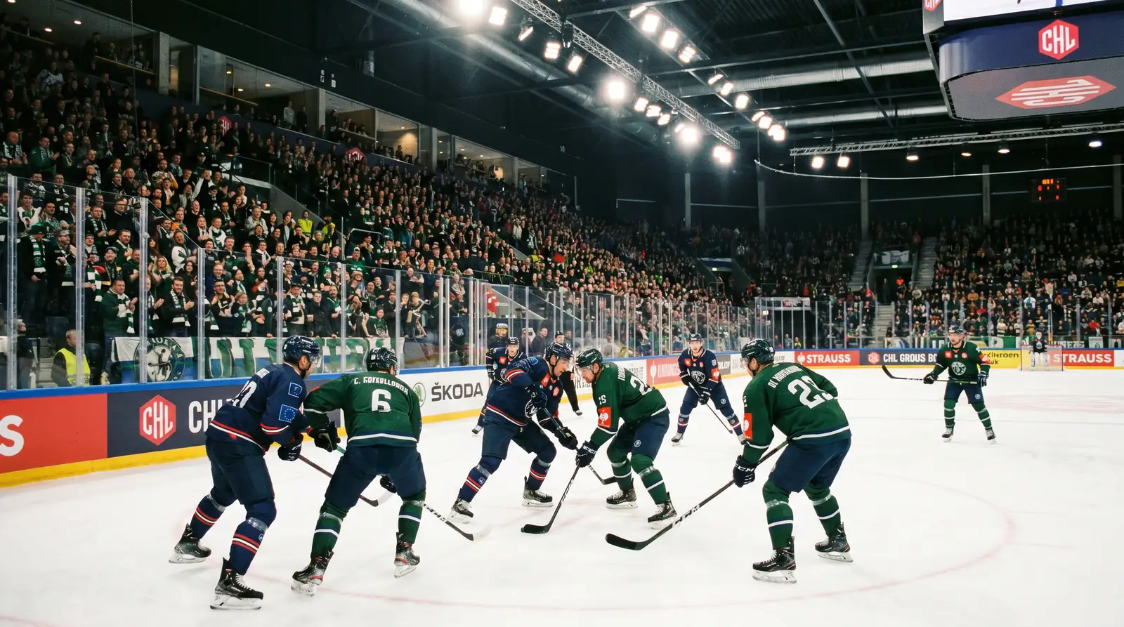Champions Hockey League group stage match in a European arena with the home crowd