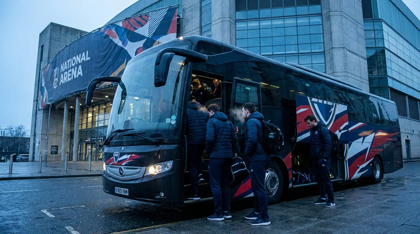 EIHL Cardiff-style team boarding a coach bus for a long road trip in Wales