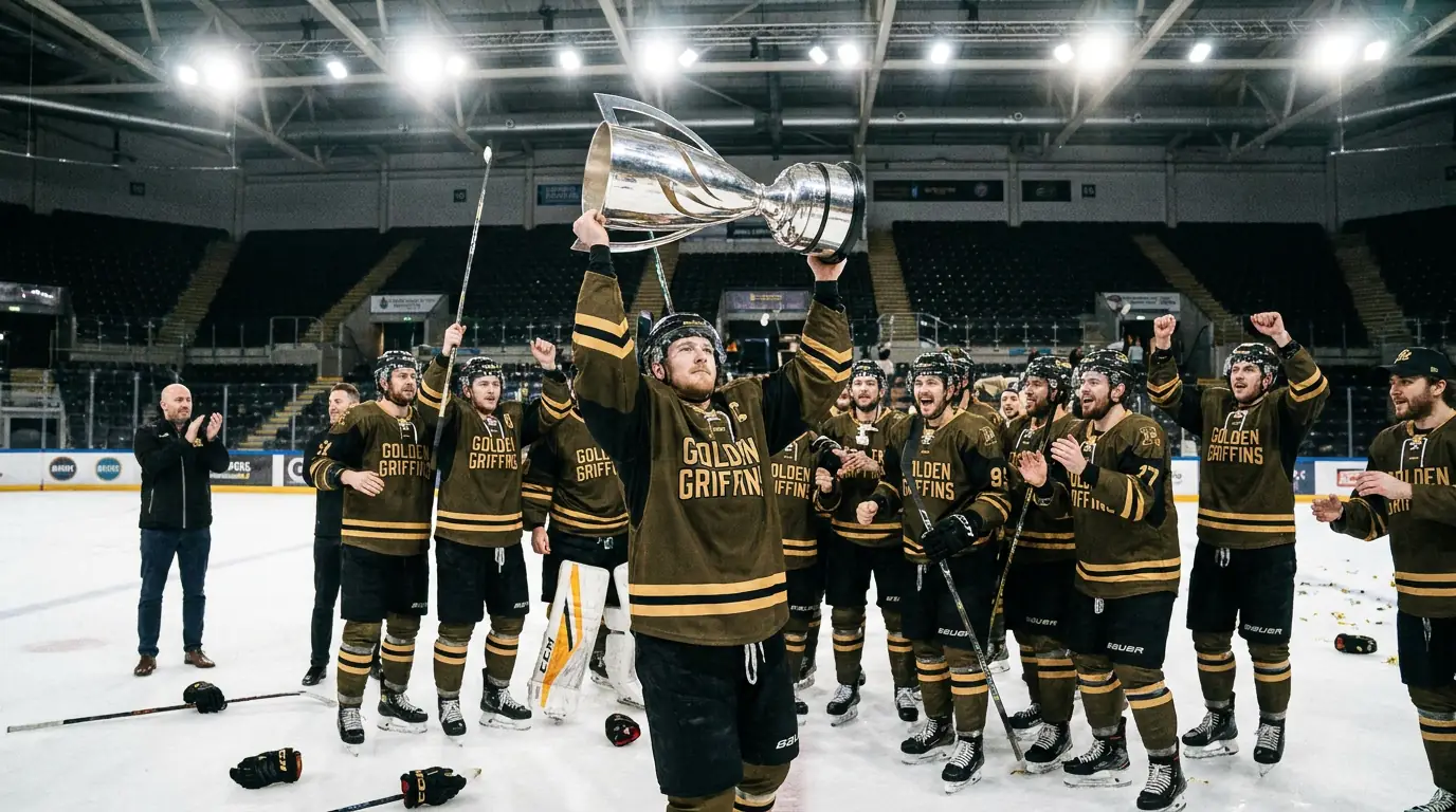EIHL team celebrating a Challenge Cup win with a trophy presentation on ice