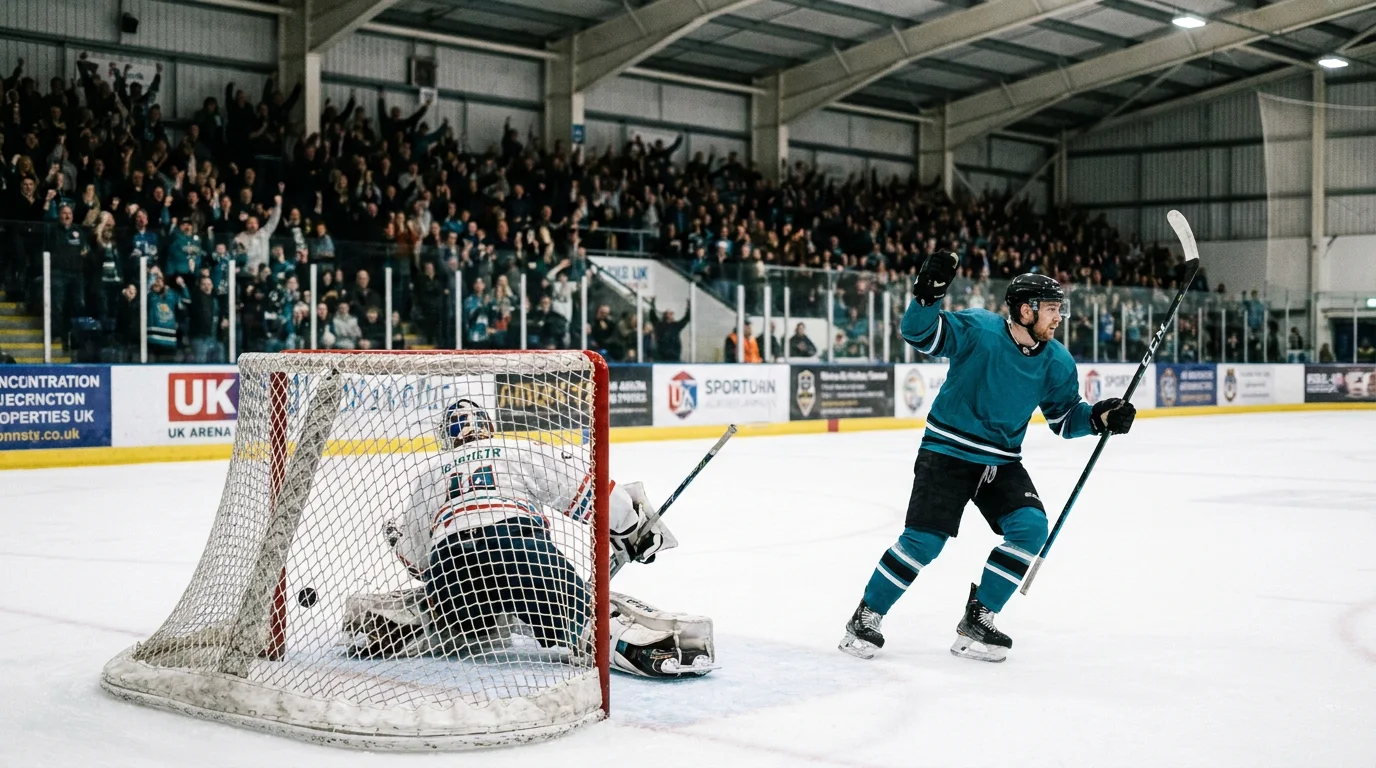 EIHL forward celebrating after scoring against an EIHL rival in a Saturday-night fixture