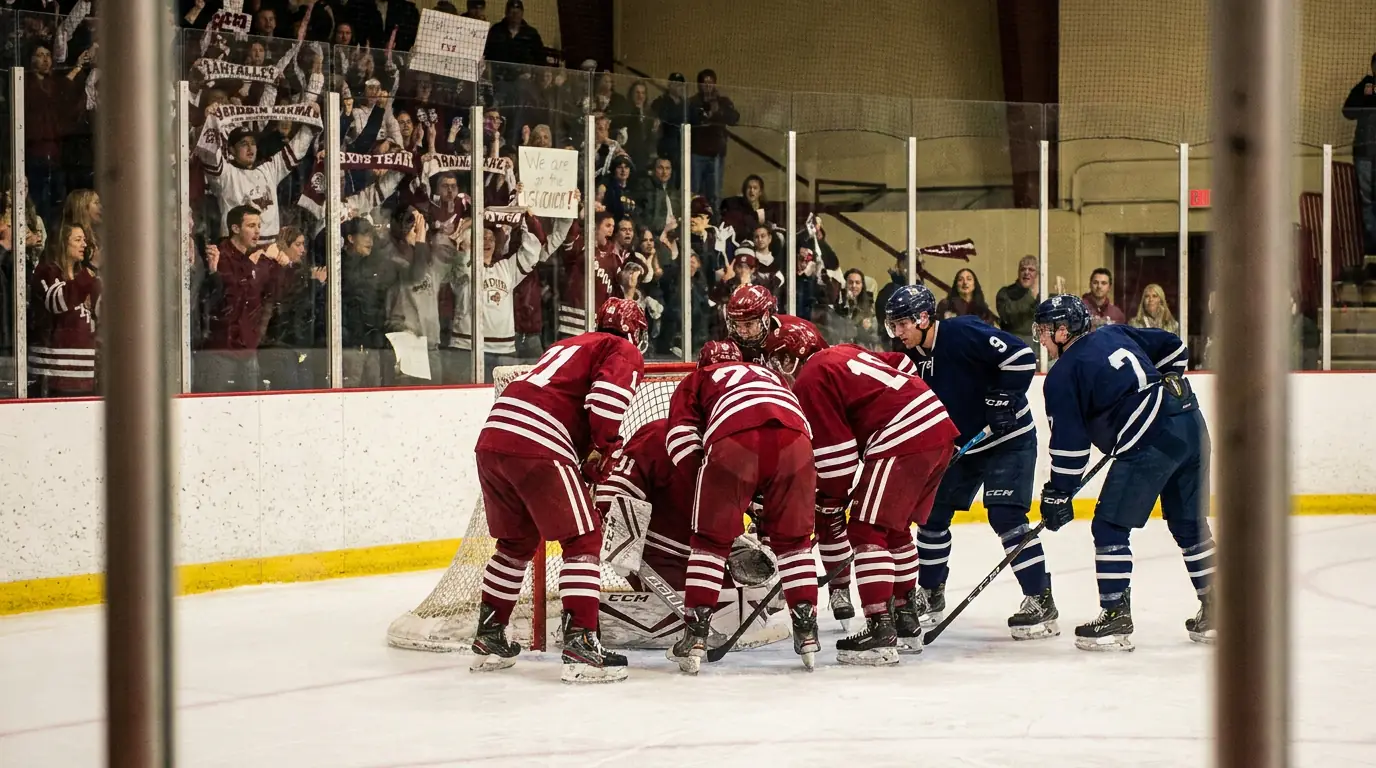 EIHL home team defending their net in front of a packed home crowd