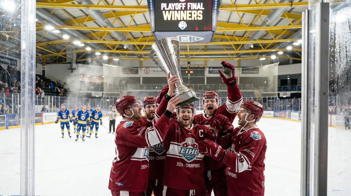 EIHL Playoff Weekend trophy celebration at Motorpoint Arena with Cardiff-style team