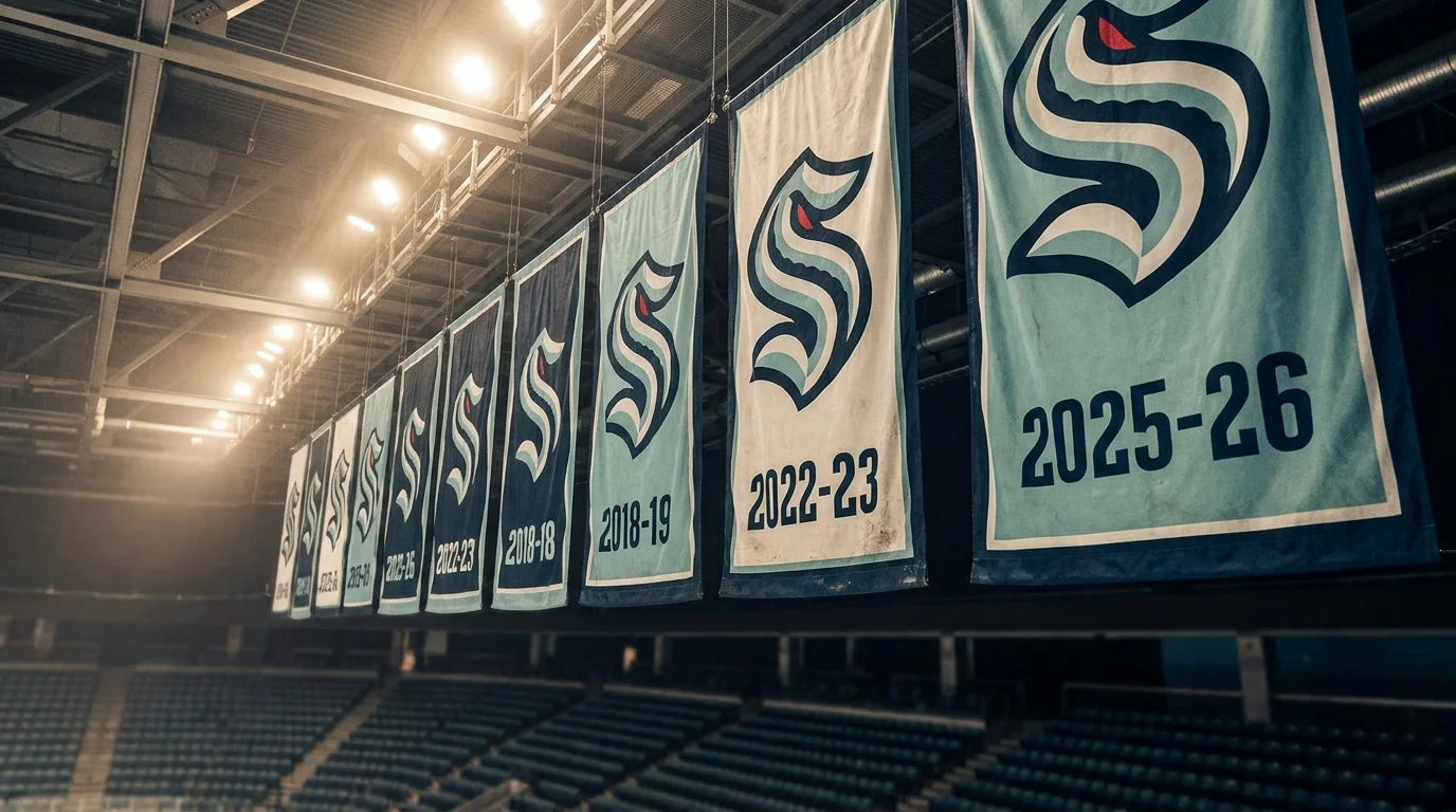 EIHL regular-season championship banner hanging in the rafters at a UK arena