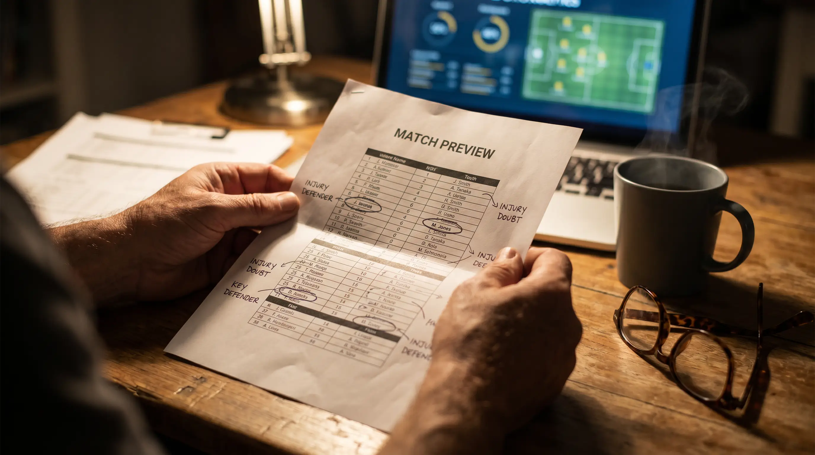 Hockey punter reviewing first scorer prop selections on a printed match preview
