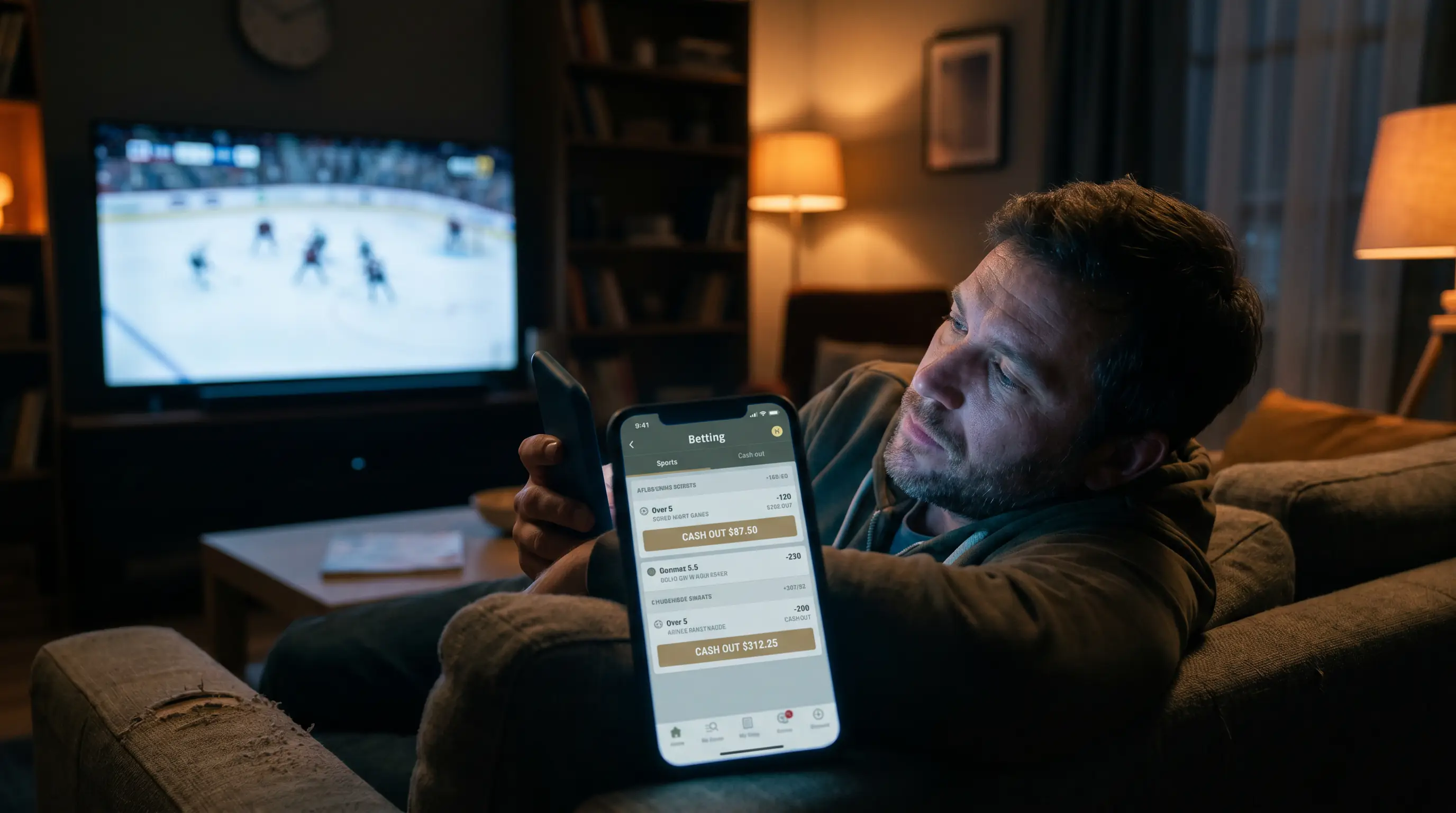 Punter checking mid-slate Grand Salami cash-out offer on his phone