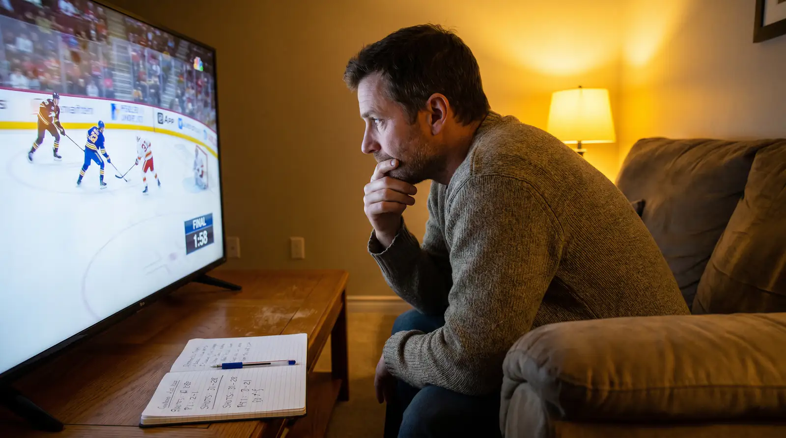 Hockey punter watching the closing minutes of the final match on a multi-game slate