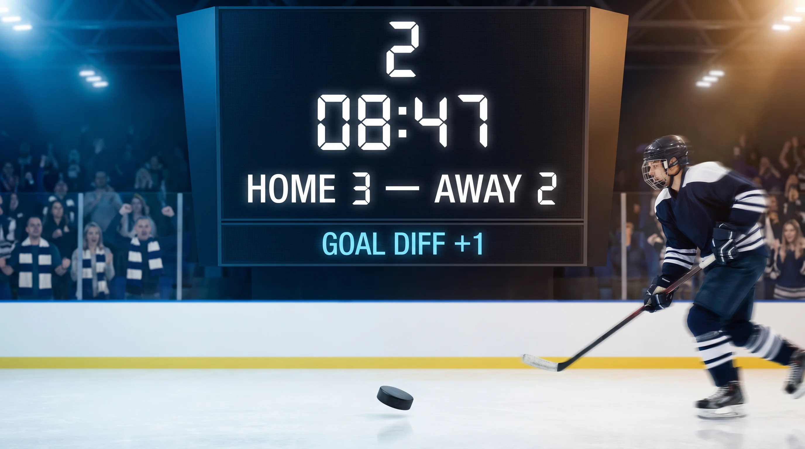 Ice hockey scoreboard rink-side showing the goal margin used to price the puck line handicap market