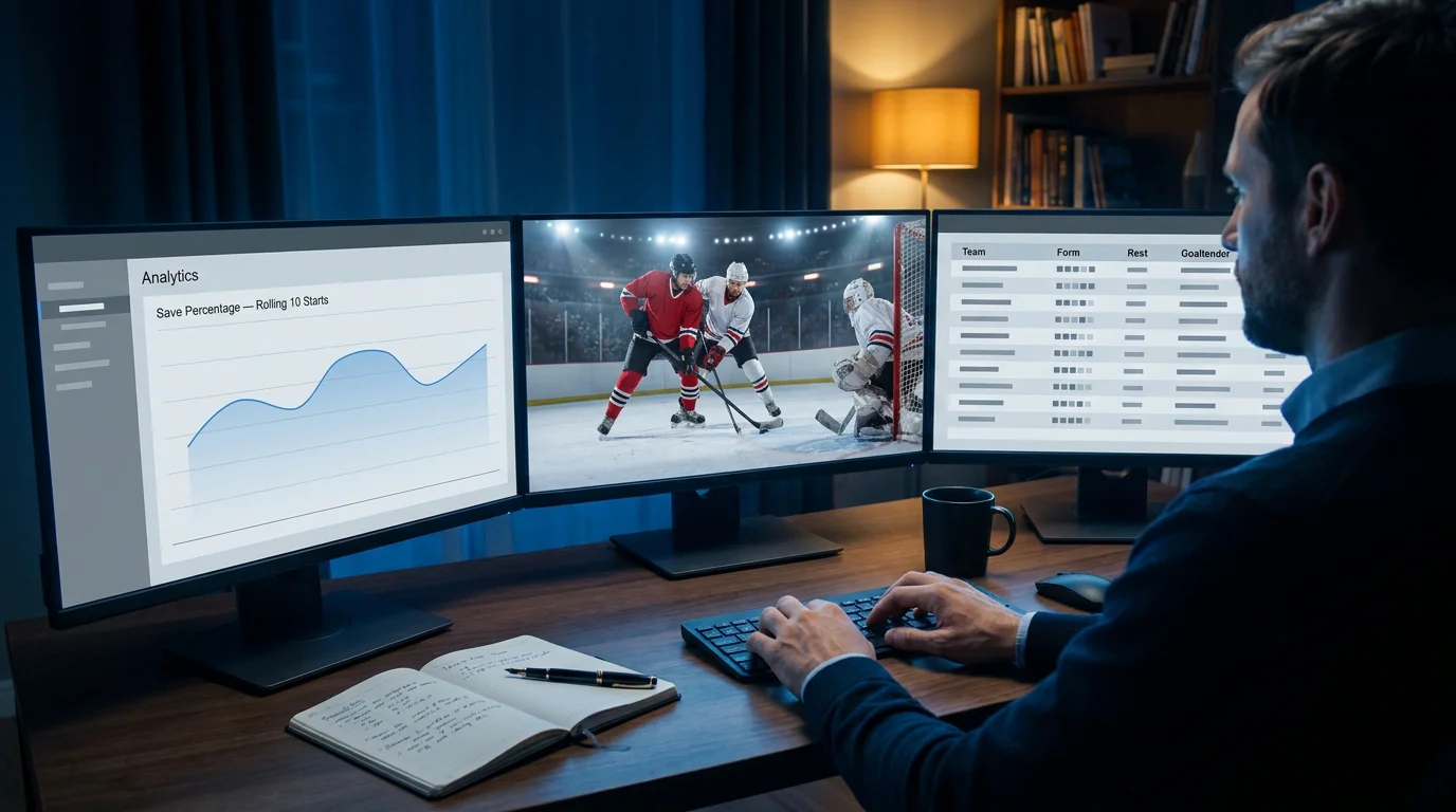 Hockey betting analyst workspace with several monitors open to box-score, save-percentage and expected-goals dashboards