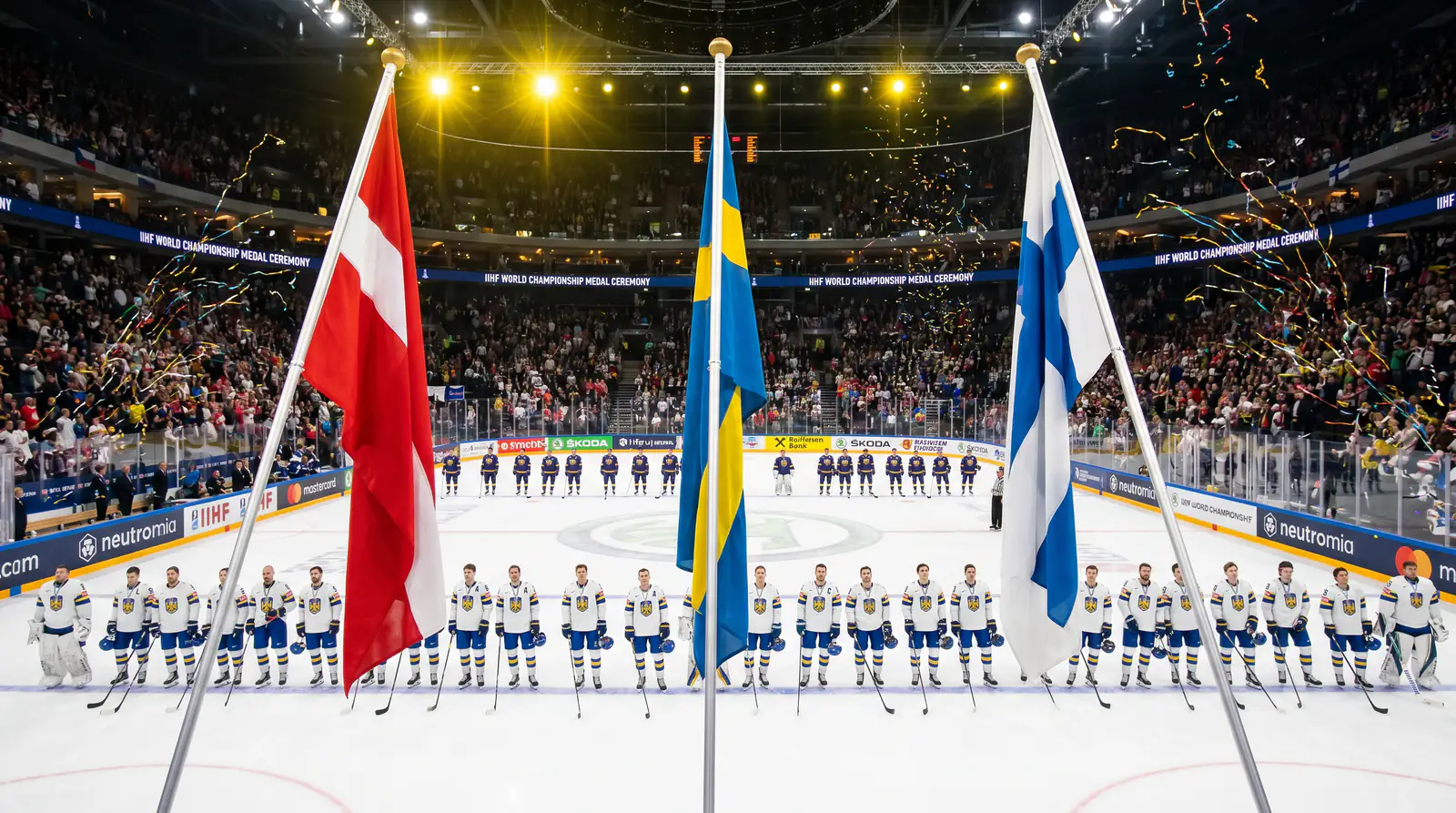 IIHF World Championship medal ceremony with national flags raised at the host arena after the gold-medal game