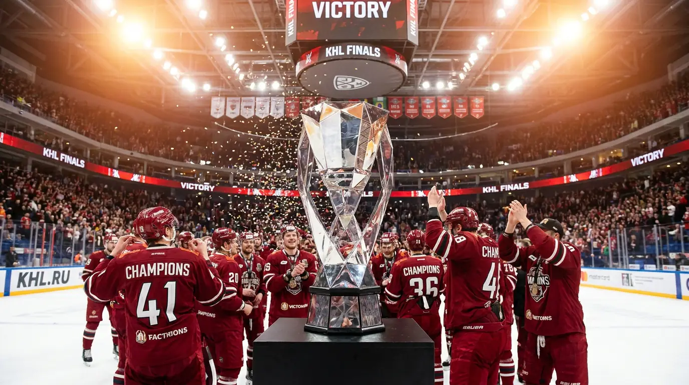 KHL Gagarin Cup-style championship trophy at the centre of a rink ceremony