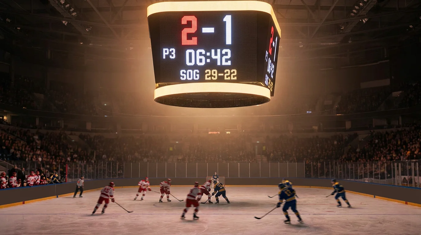 Live ice hockey arena scoreboard showing a third-period one-goal lead with shots-on-goal totals