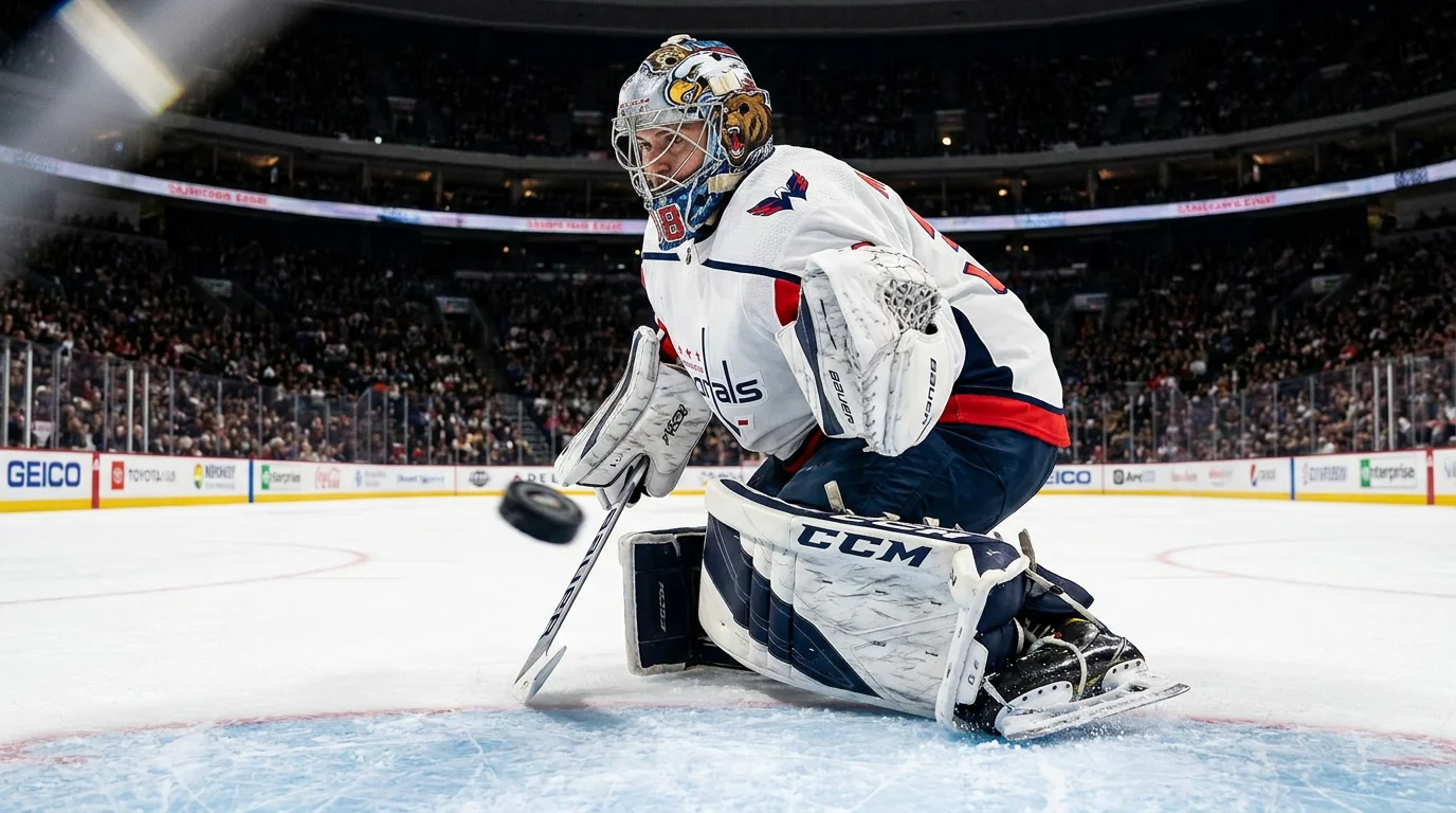 NHL goaltender in butterfly position tracking a high shot during a Premier Sports broadcast
