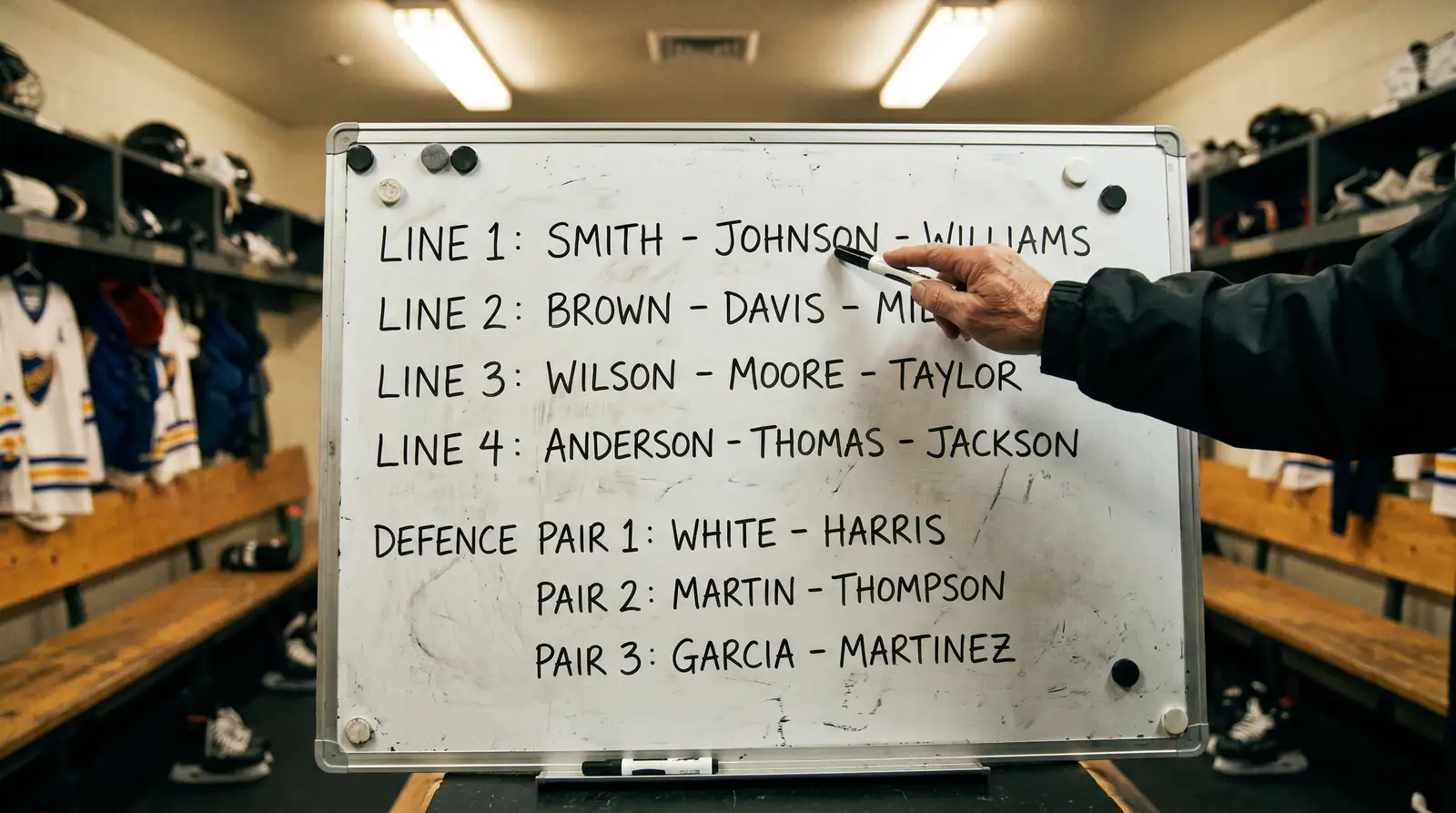 NHL coach's lineup board showing top-six forward line combinations for an upcoming match