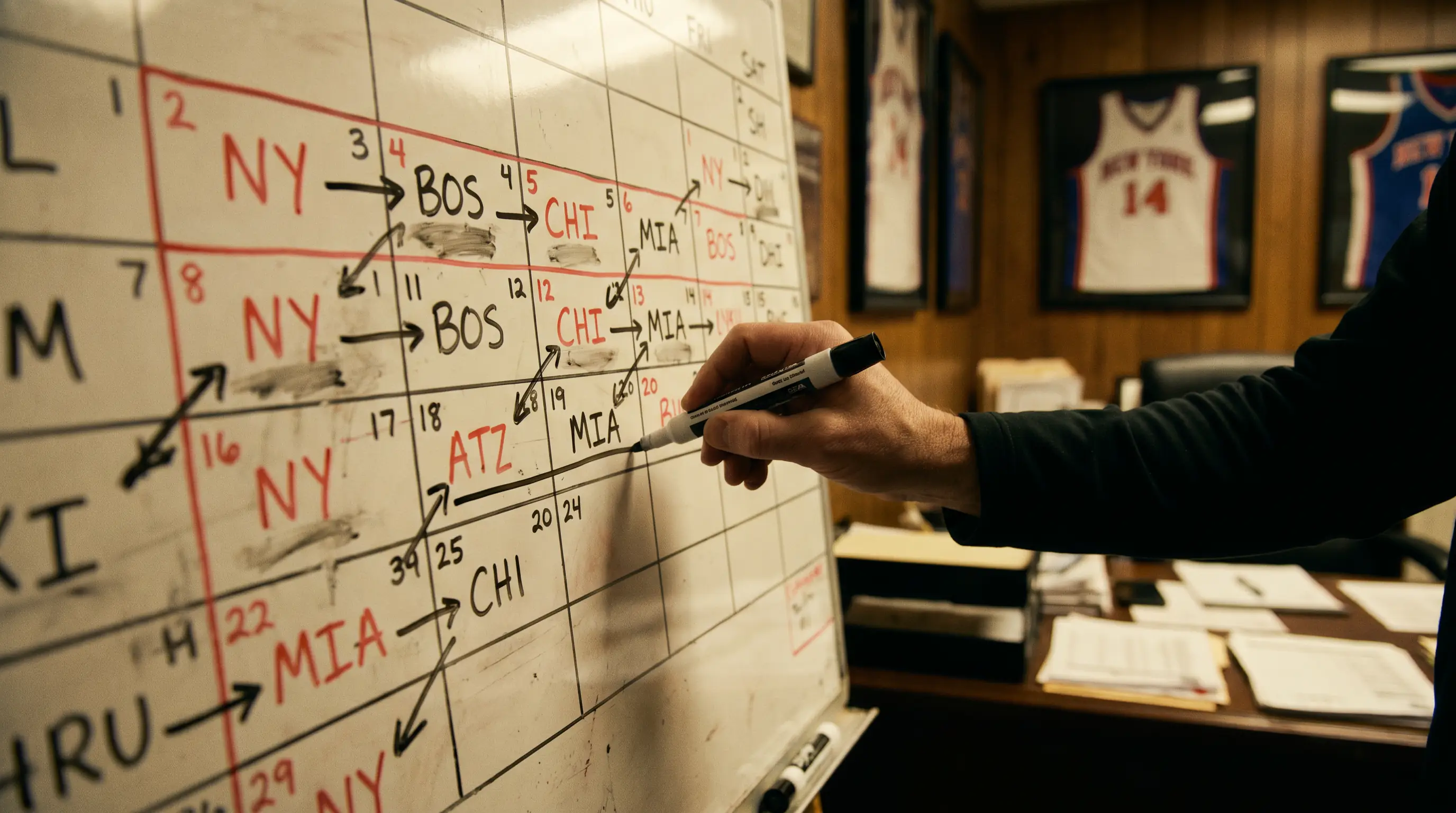 NHL coach's office whiteboard showing back-to-back schedule density across an upcoming slate
