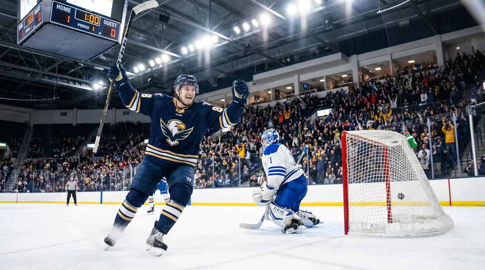 NHL first period goal celebrated by the home team to start the match with an early lead