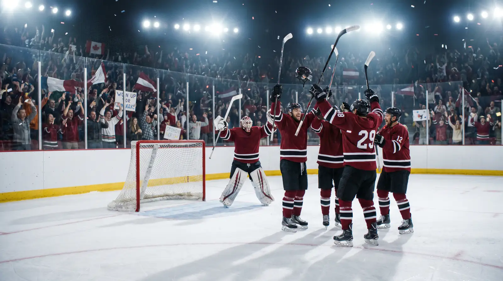 NHL home team raising their sticks after a regulation home win in front of the home crowd