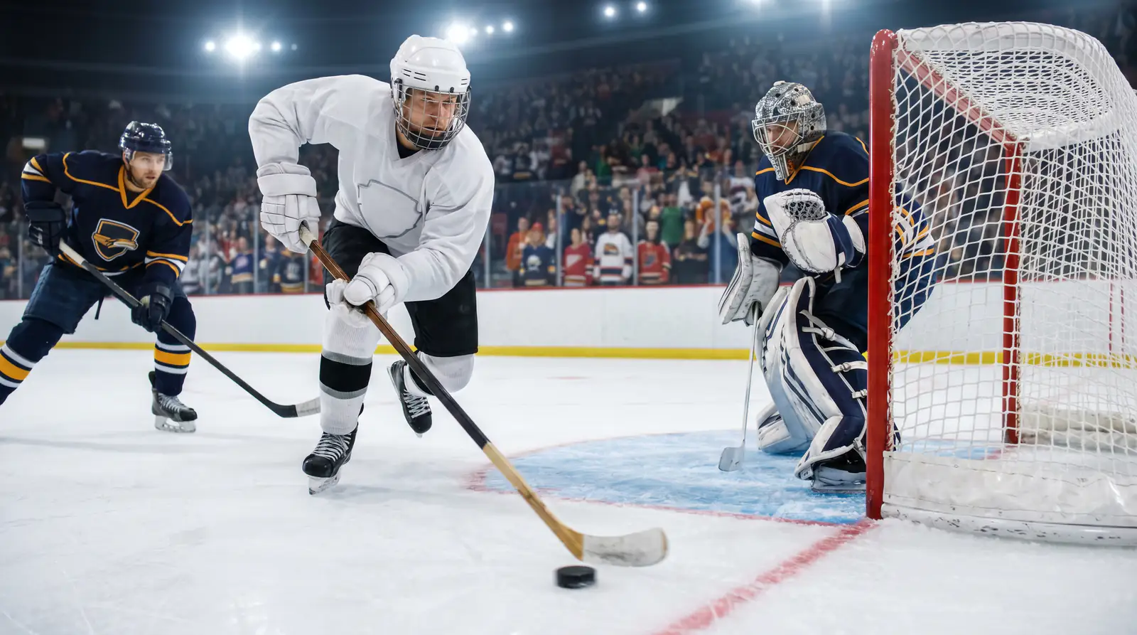 NHL ice hockey game in action with skaters in full equipment, helmets and pads competing for the puck on rink ice