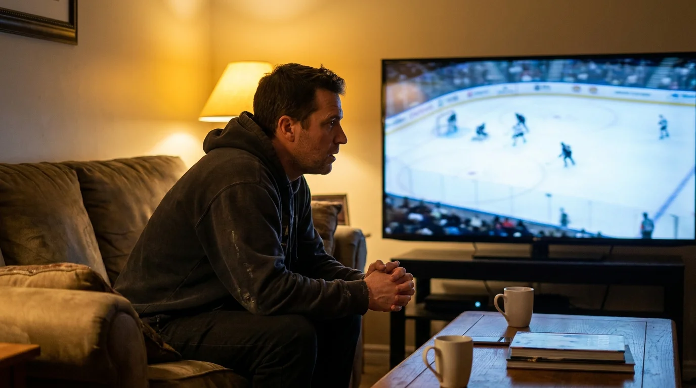 Hockey punter watching a Stanley Cup playoff Game 5 in his living room