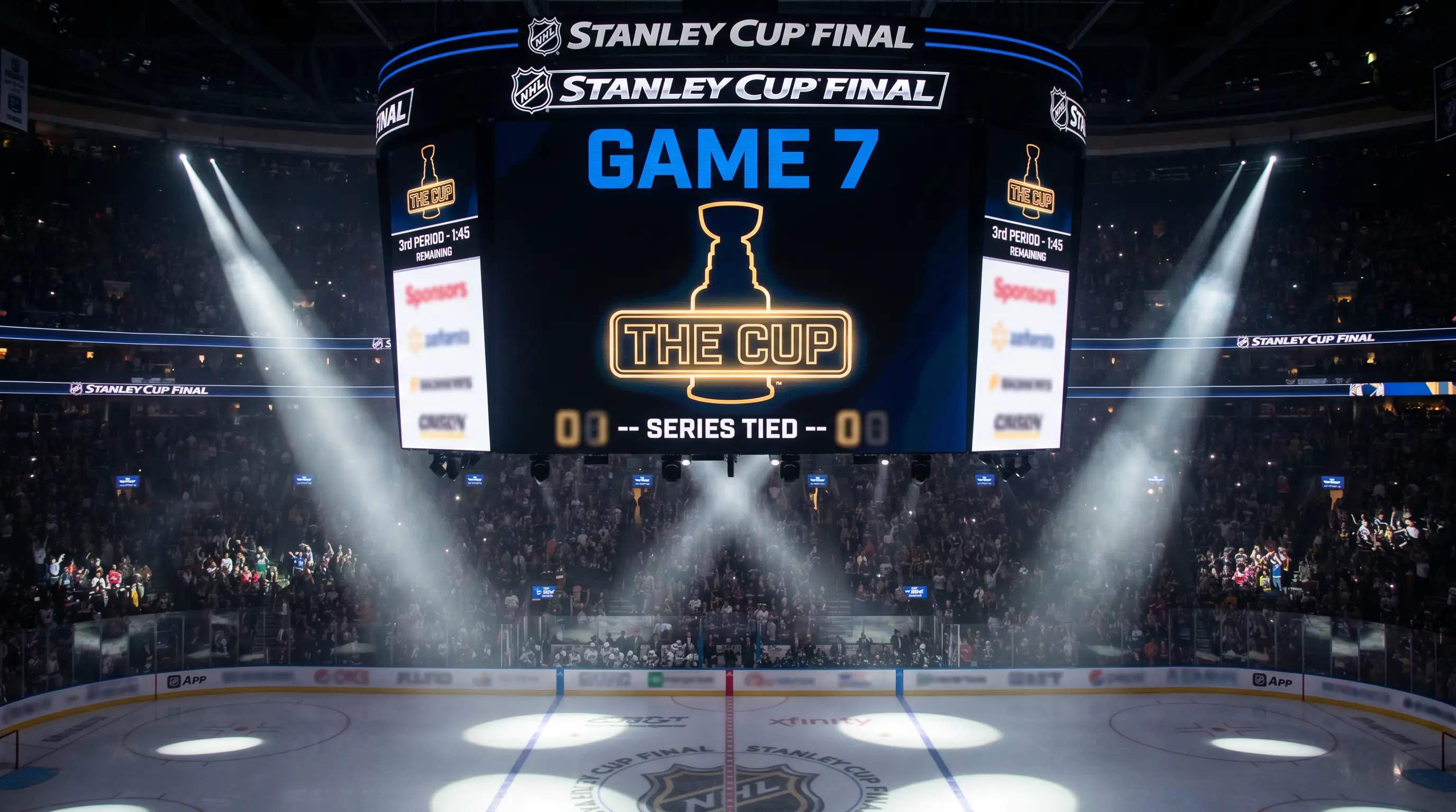 Stanley Cup Final scoreboard showing series score and game number above the rink