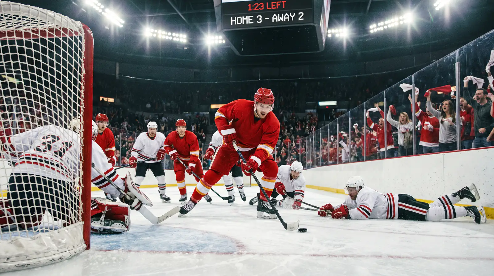 NHL third period empty-net sequence as the trailing team presses with an extra attacker