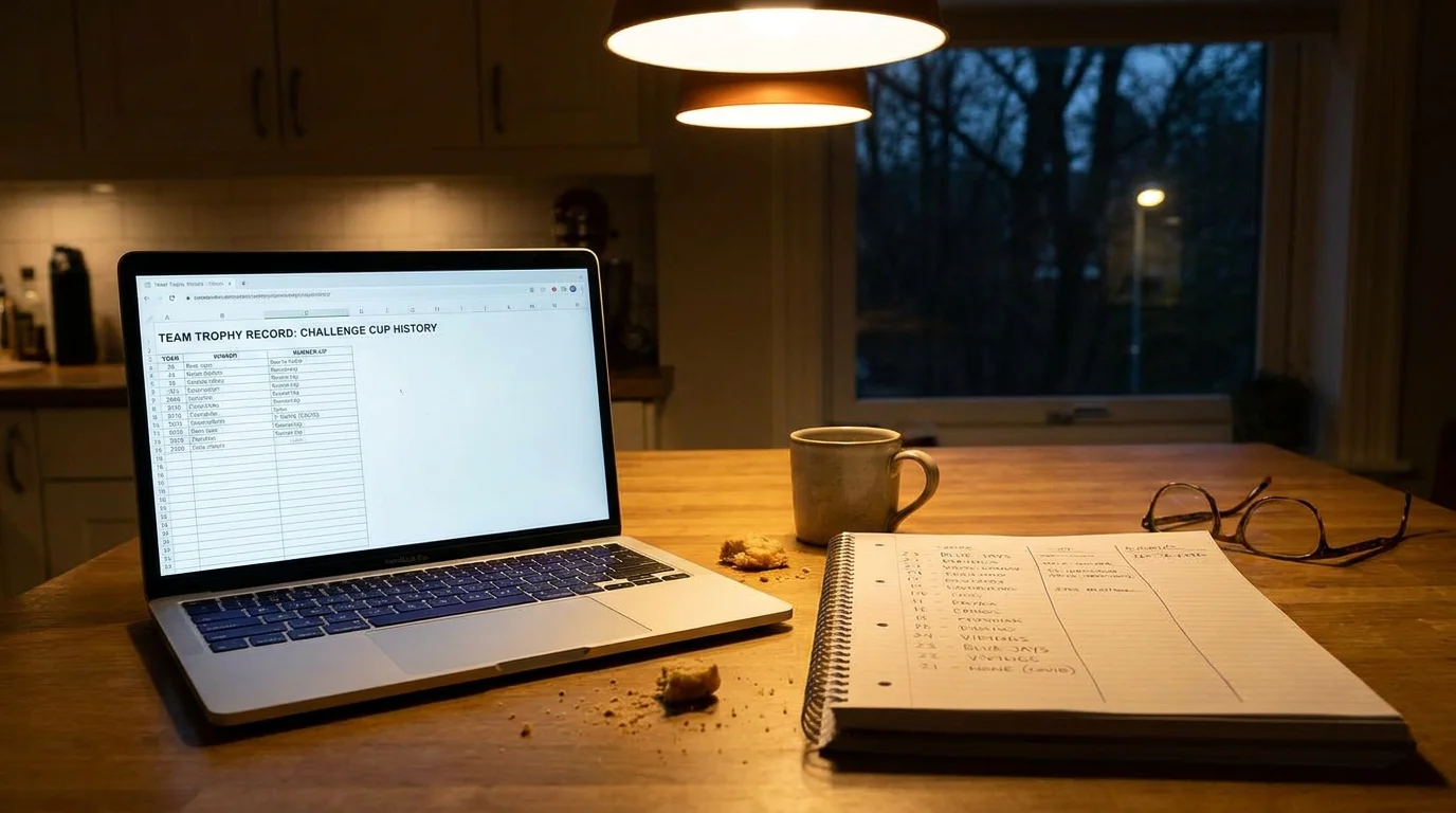 UK punter researching Nottingham Panthers Challenge Cup record on a laptop