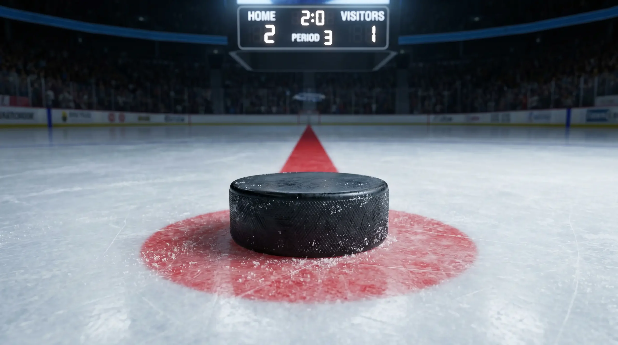 Hockey puck resting on the centre faceoff dot with arena scoreboard showing a one-goal lead in third period