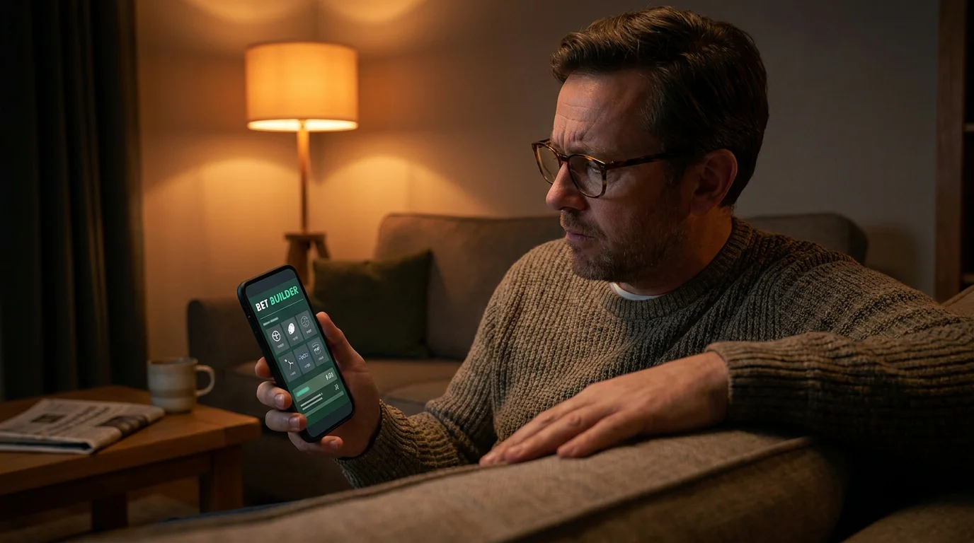 Hockey punter reviewing a bet builder slip on a phone and deciding on stake size