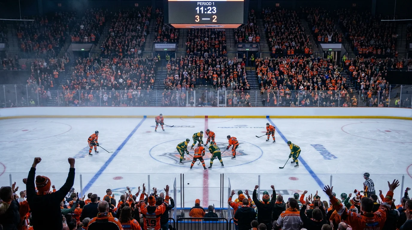 Sheffield Steelers home crowd packing a British indoor ice hockey arena for a Boxing Day EIHL fixture