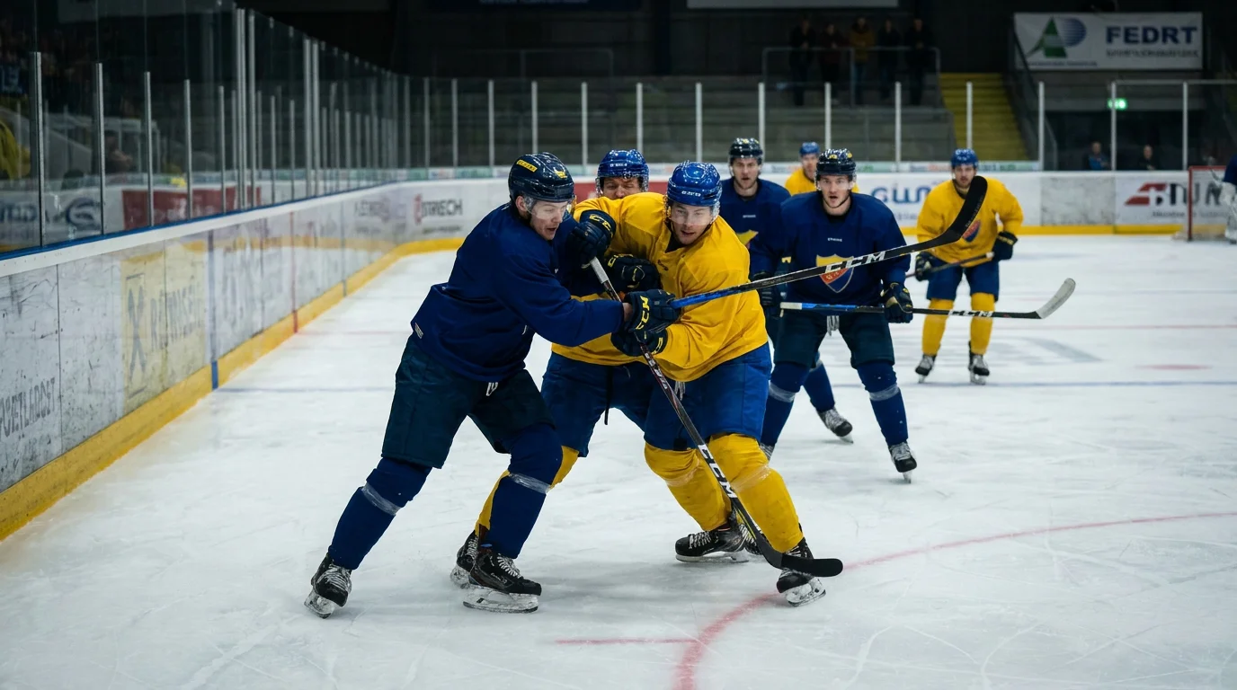 SHL match showing low-scoring defensive system play in the neutral zone