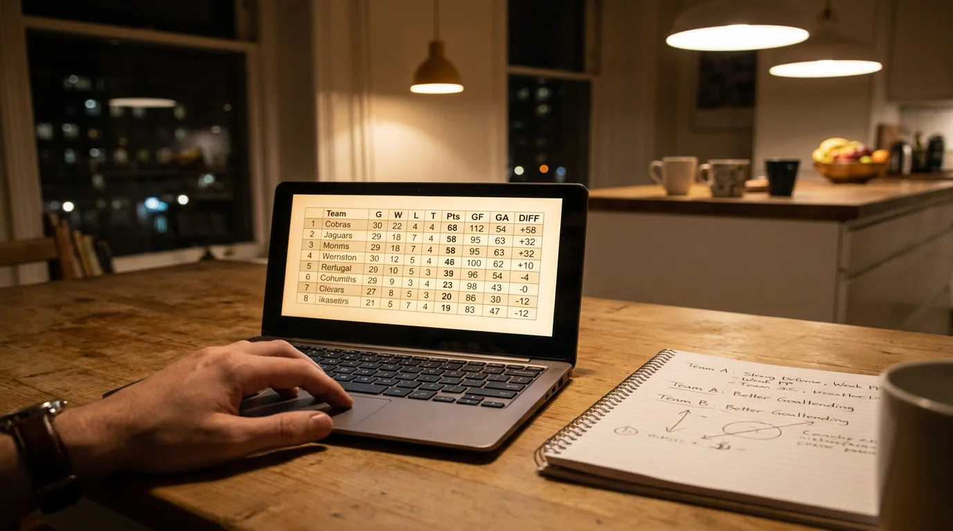 Punter cross-referencing PP% and PK% data on a laptop ahead of his moneyline play