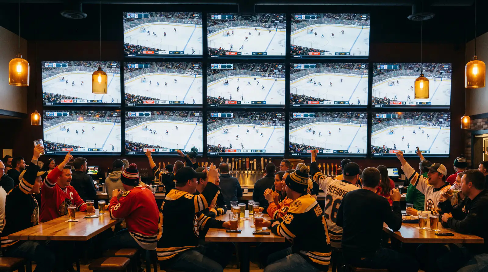 Sports bar TV wall showing a Saturday night NHL slate of twelve simultaneous matches