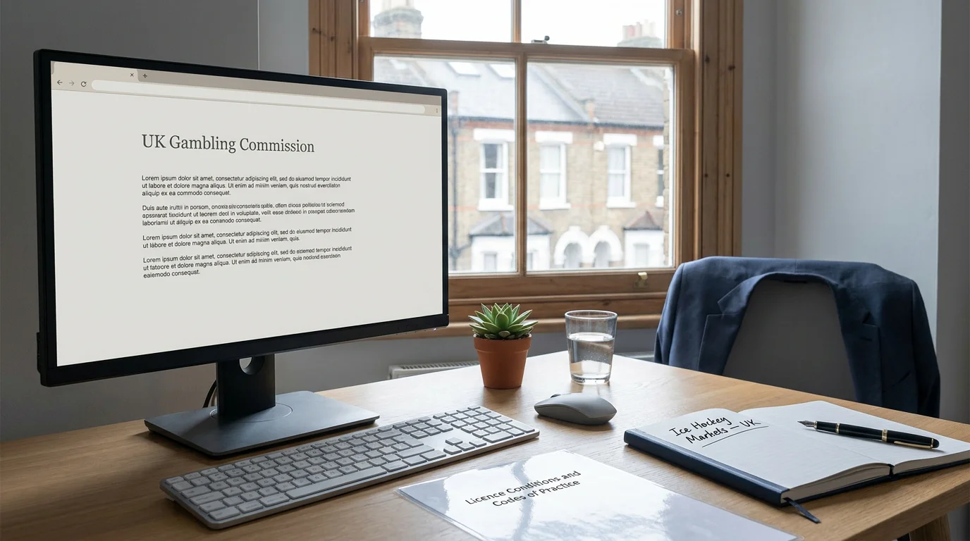 UK sports betting analyst workspace with a laptop on the UK Gambling Commission page and a notebook beside it